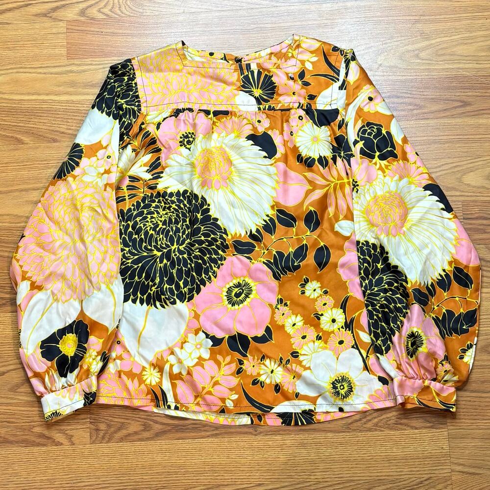 Vintage 1970s Floral Blouse Womens M Mod Flower Power Boho Balloon Sleeve Top